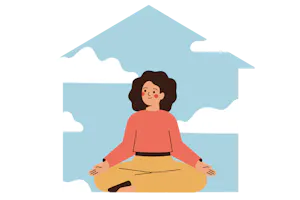 Kona situr í húsi sem er búið til úr björtum himni.