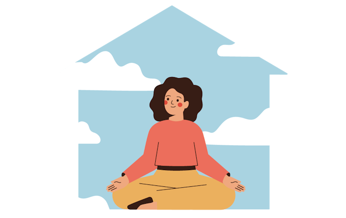 Kona situr í húsi sem er búið til úr björtum himni.