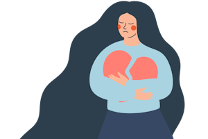A woman holds a broken heart.