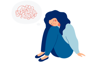 A woman sits on the floor. Her mind is in distress.