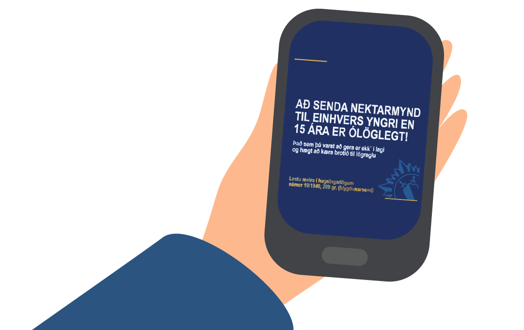 A hand holding a phone with a response to a nude photo. Hendi að halda á síma sem sýnir svar við nektarmynd. 