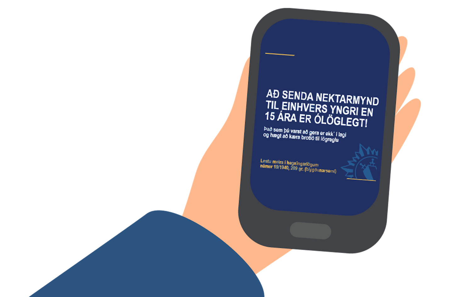 A hand holding a phone with a response to a nude photo. Hendi að halda á síma sem sýnir svar við nektarmynd.