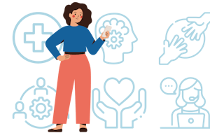 A person is looking at their phone. Behind them are icons for resources.