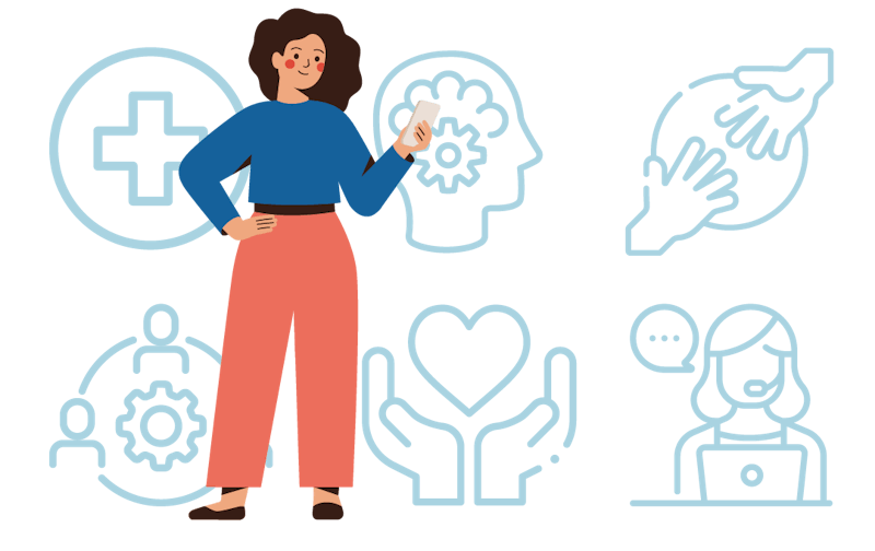 A person is looking at their phone. Behind them are icons for resources.