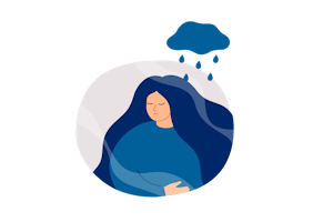 Kona heldur höndum að sér, leið á svipinn með rigningarský yfir sér og það rignir á hana.