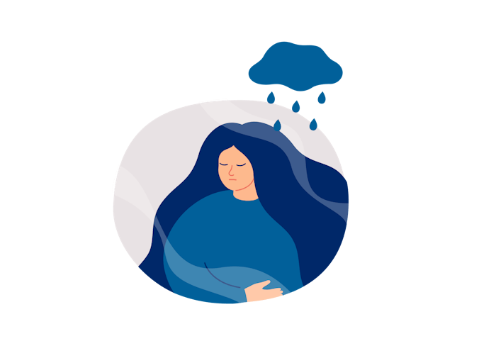 Kona heldur höndum að sér, leið á svipinn með rigningarský yfir sér og það rignir á hana.