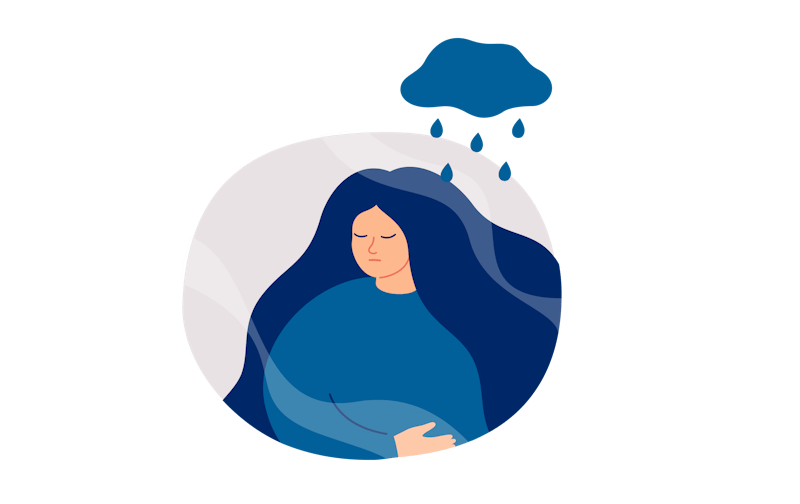 Kona heldur höndum að sér, leið á svipinn með rigningarský yfir sér og það rignir á hana.