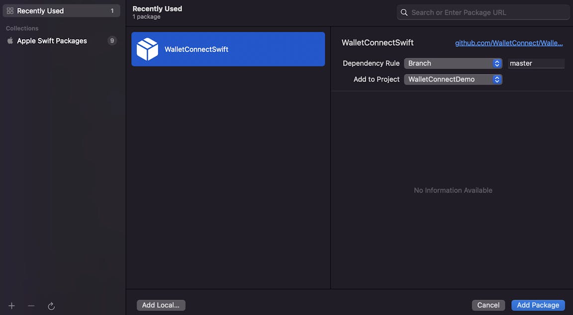 Add the WalletConnectSwift package to your XCode project.