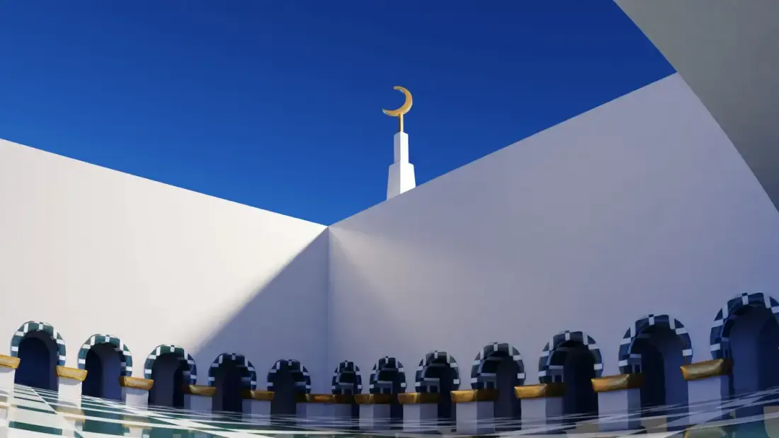 Fasad masjid bergaya Islami, ilustrasi untuk artikel "Fathul Mughits Bab 36: Al-Mu'an'an wal-Mu'annan"