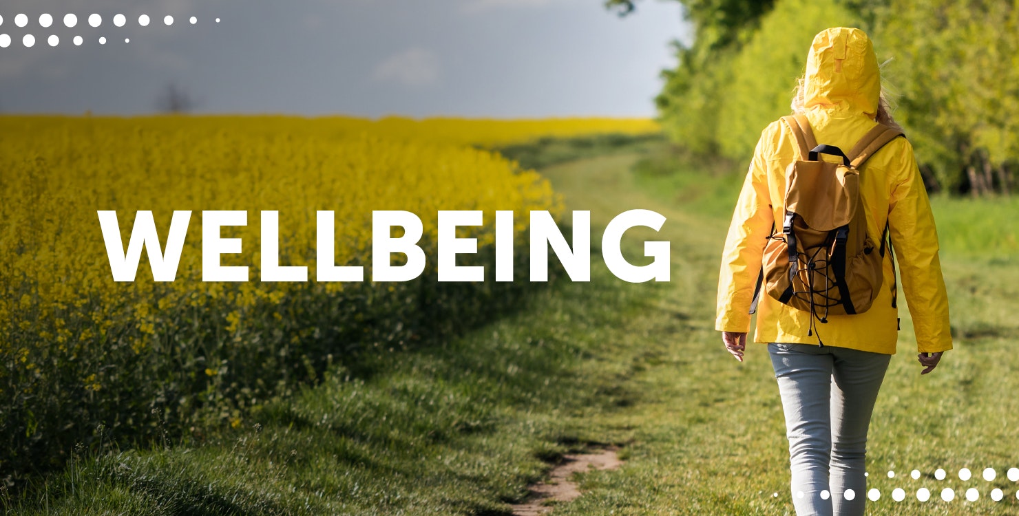 Image of a woman in a yellow rain cost with the hood up and backpack on, walking away into a field of yellow flowers. The word wellbeing is written over the top