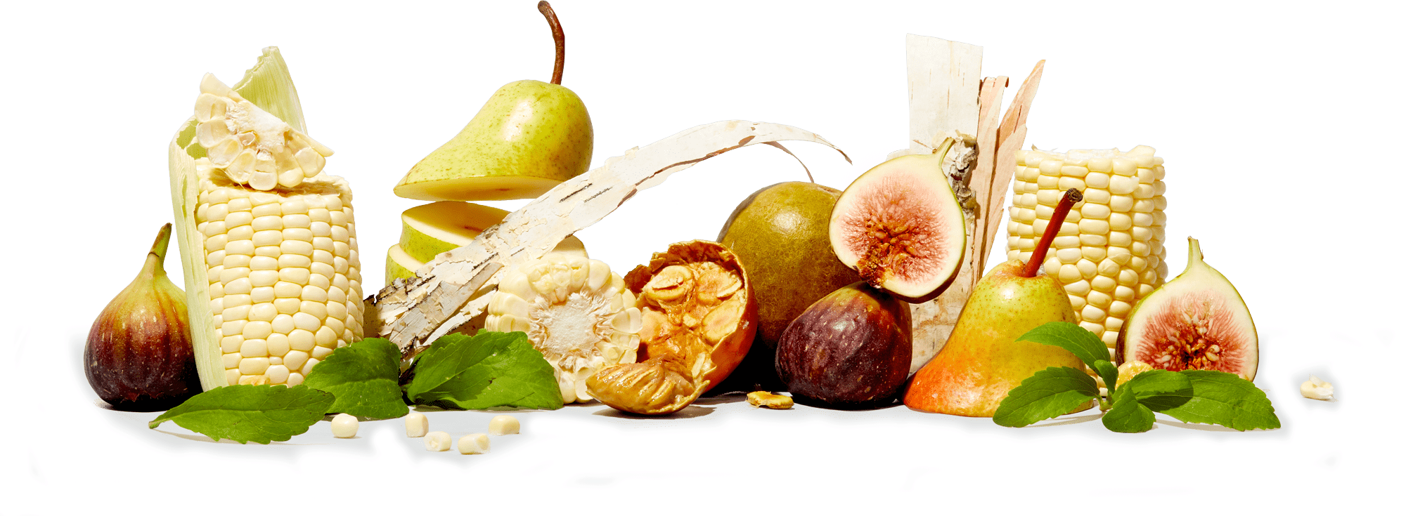 collage of cut up corn, pears, and figs