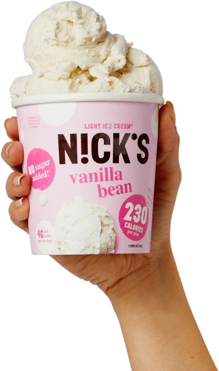 hand holding up a pint of nicks vanilla bean ice cream
