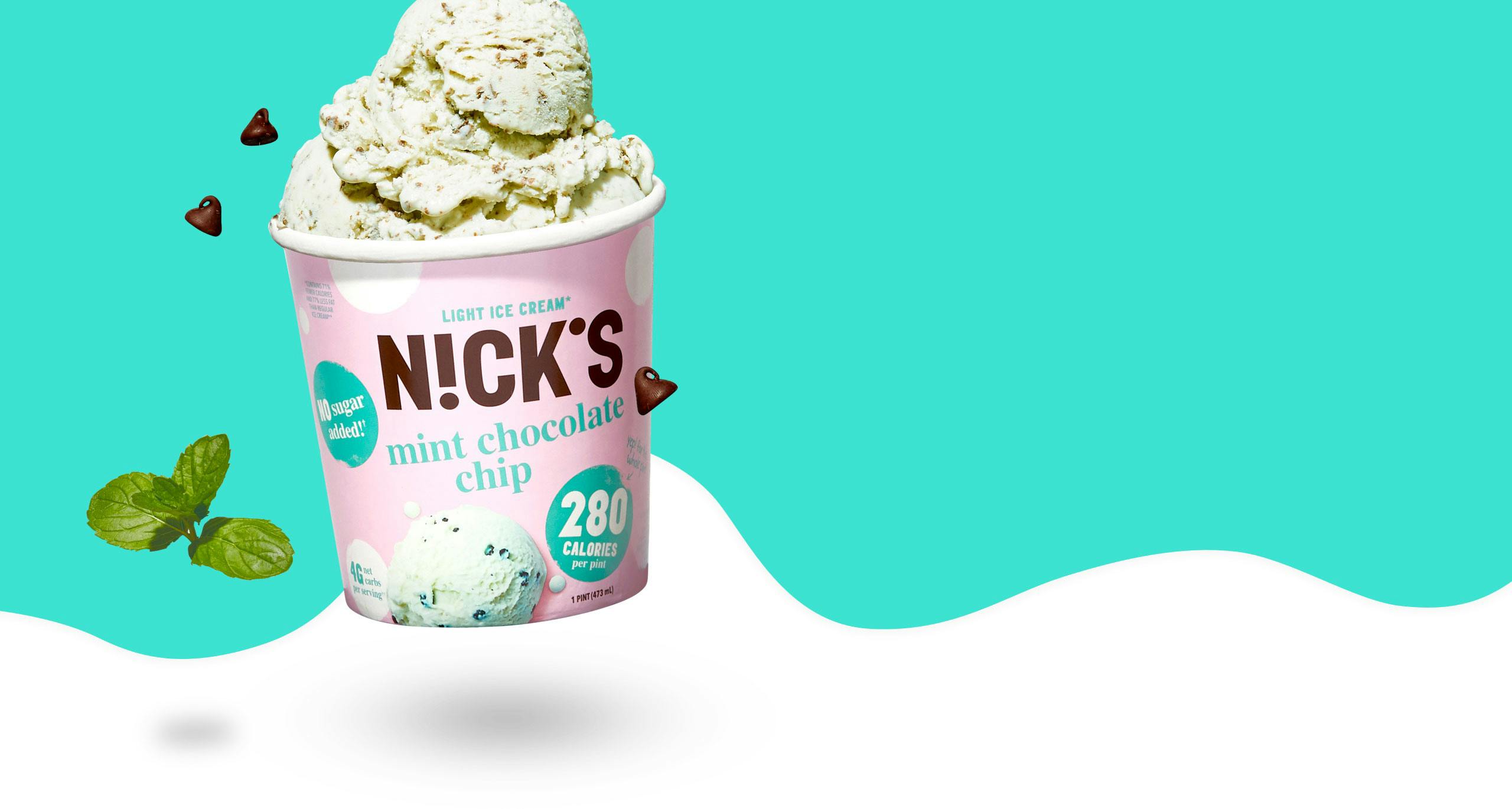 mint chocolate chip ice cream over a squiggle illustration
