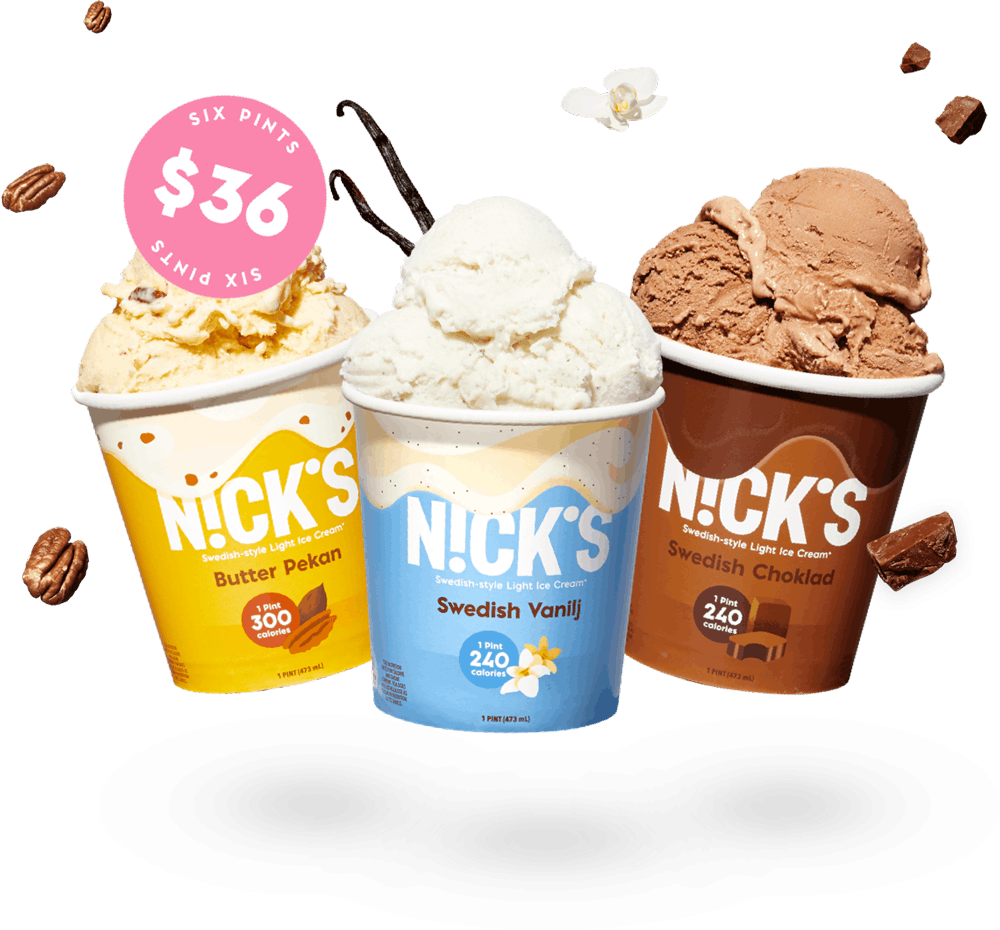 three pints of nicks ice cream floating with banner that reads, "six pints for $36"