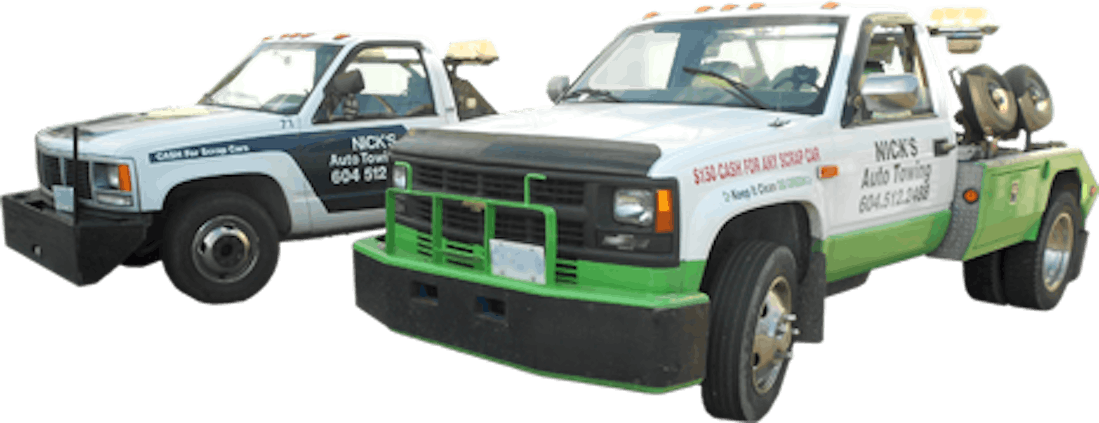 Nick's Green Auto Towing Scrap Vehicle Removal Trucks