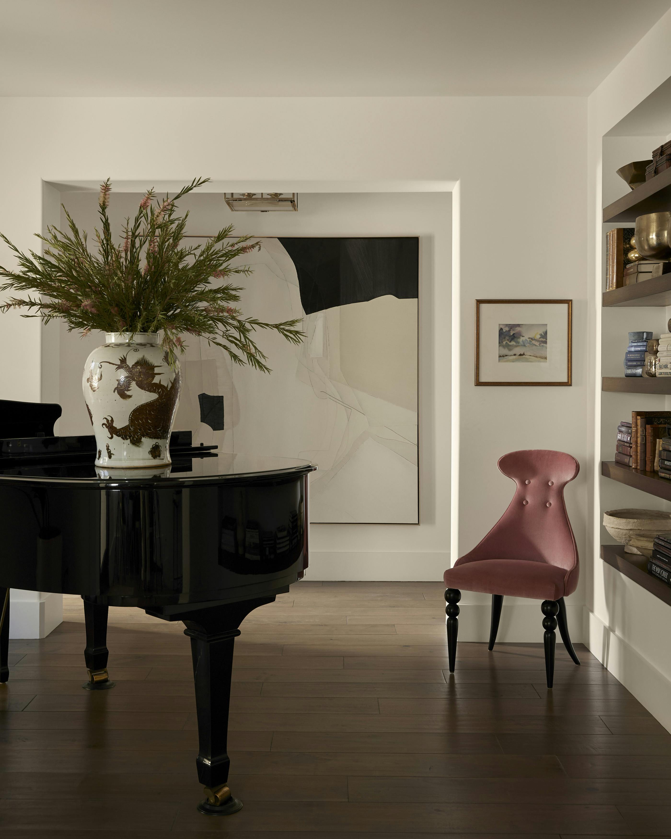 Nicole-Green-Design-Project-Shady-Canyon-Piano-Corner-Chair-By-Bookcase