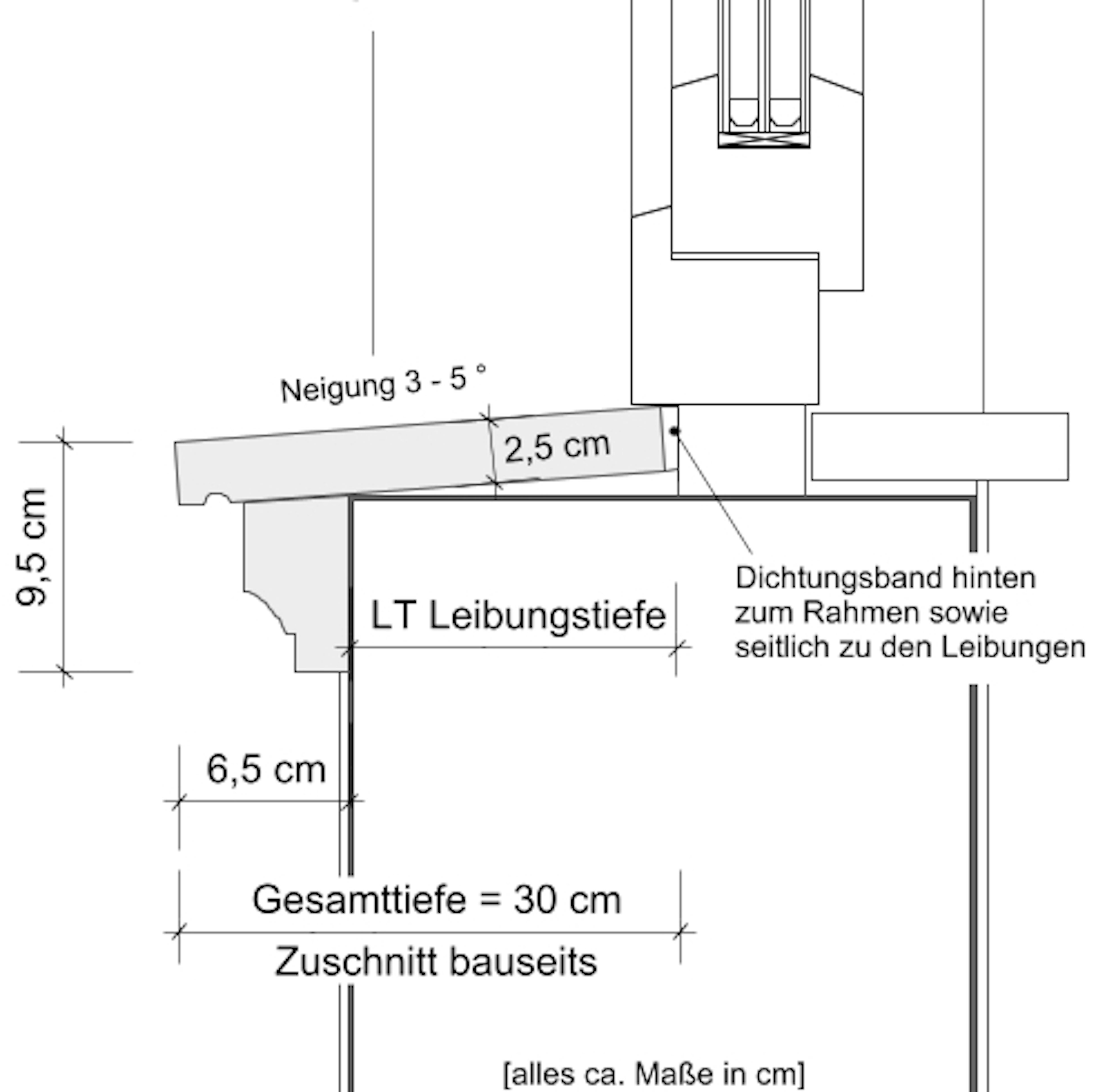 Schnittzeichnung abgestufte Betonfensterbank SLB 545