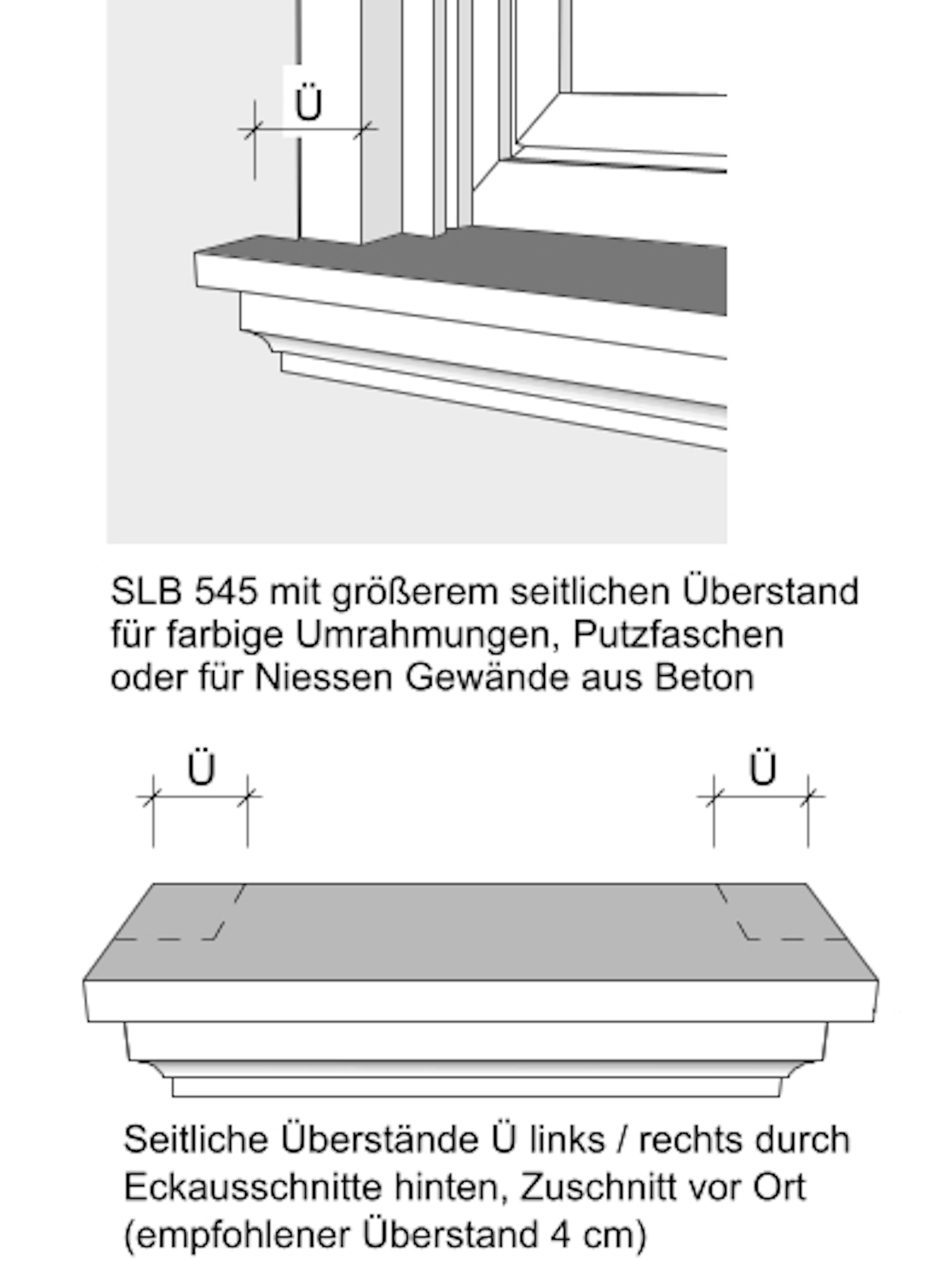 Seitliche Überstände abgestufte Betonfensterbank SLB 545