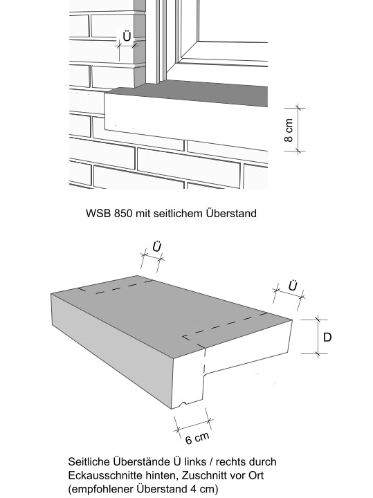 Zeichnung seitliche Überstände Massiv-Fensterbank WSB 850