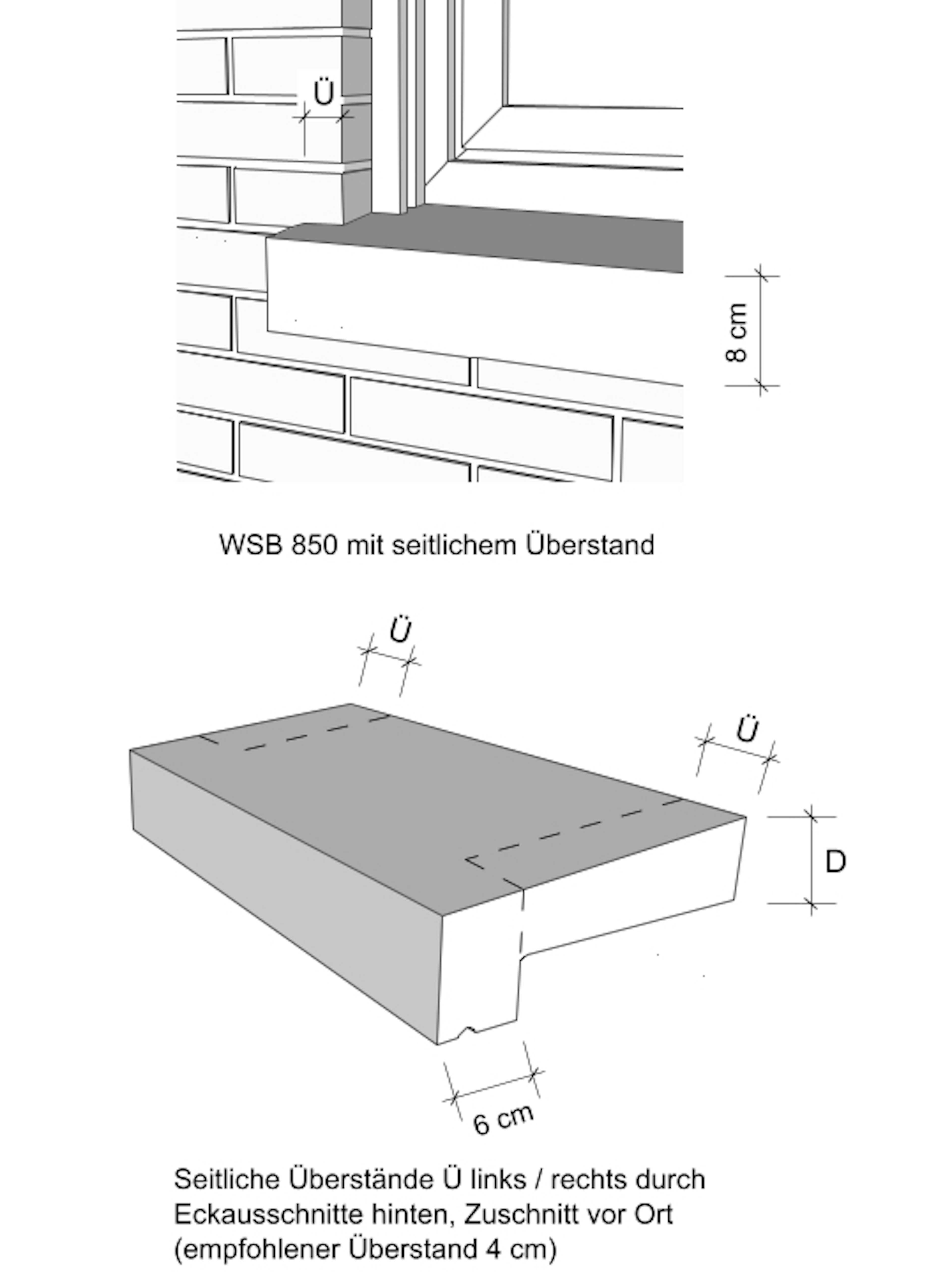 Zeichnung seitliche Überstände Massiv-Fensterbank WSB 850 