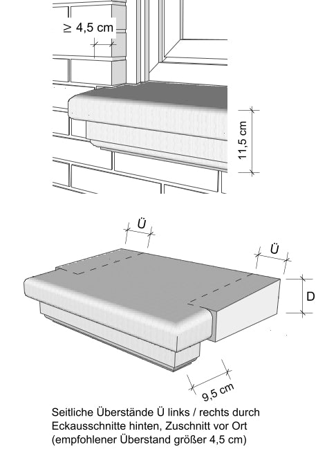 Zeichnungen seitliche Überstände Massivfensterbank WSB 200