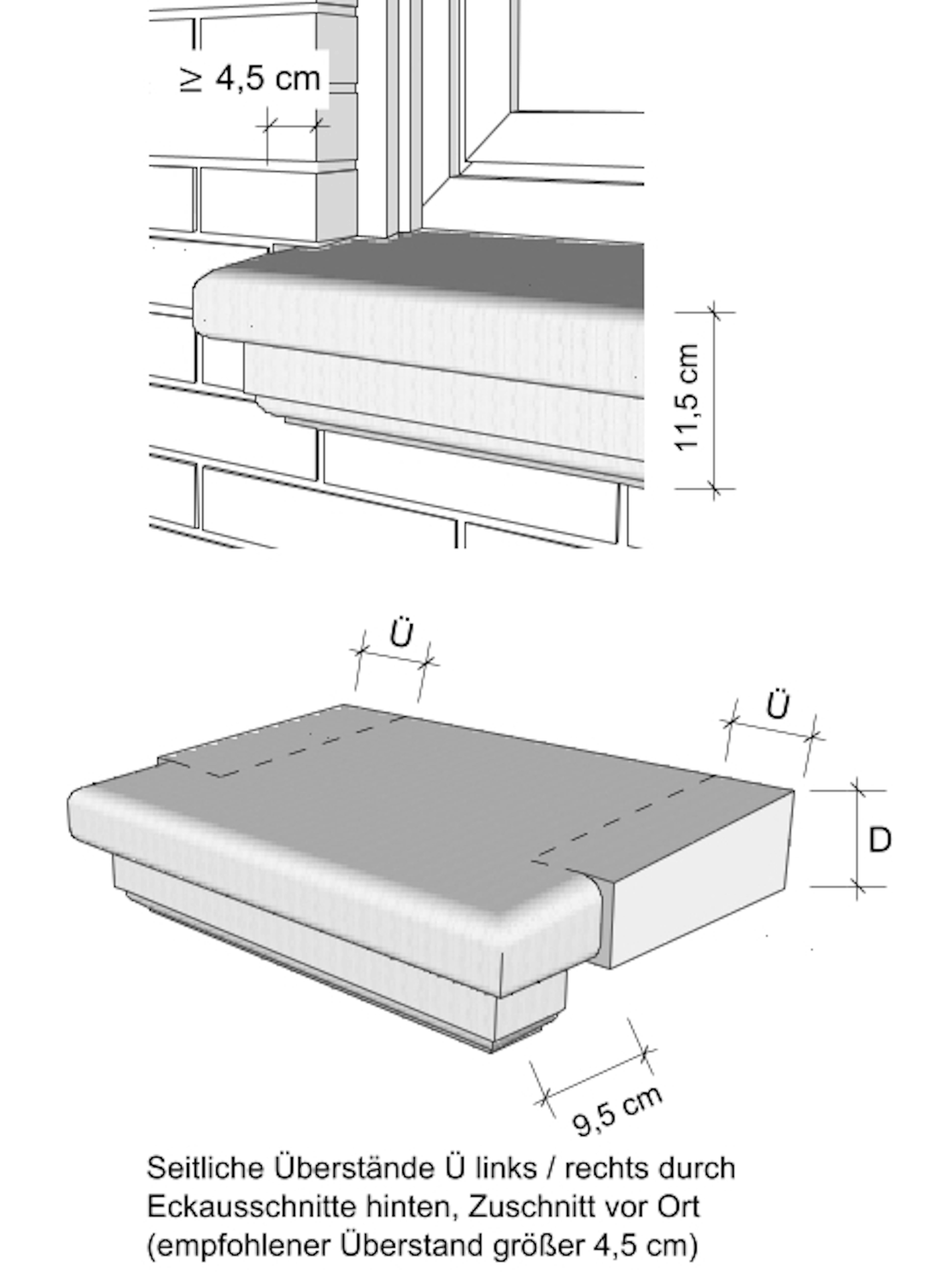 Zeichnungen seitliche Überstände Massivfensterbank WSB 200
