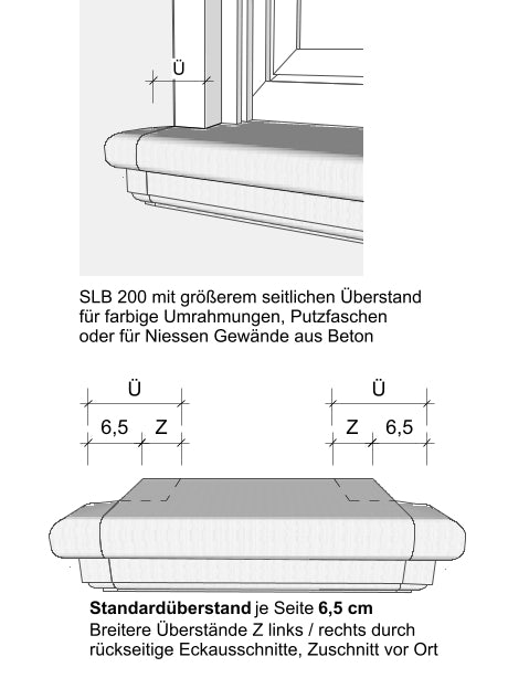 Zeichnung Außenfensterbank SLB 200 Niessen Beton _ Überstände seitlich