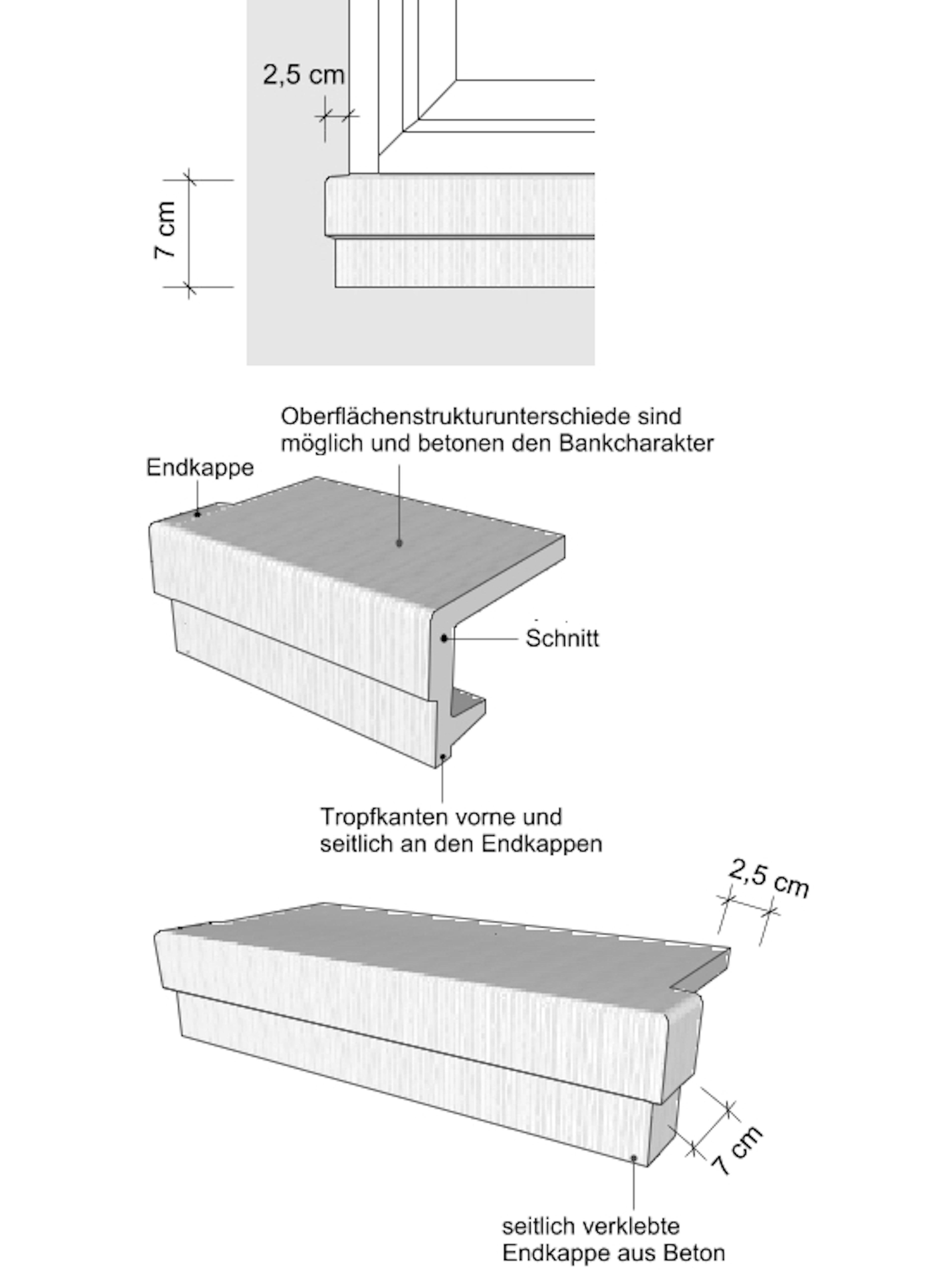 Zeichnung Scharrierte Betonfensterbank SLB 300 - Ansichten von vorne