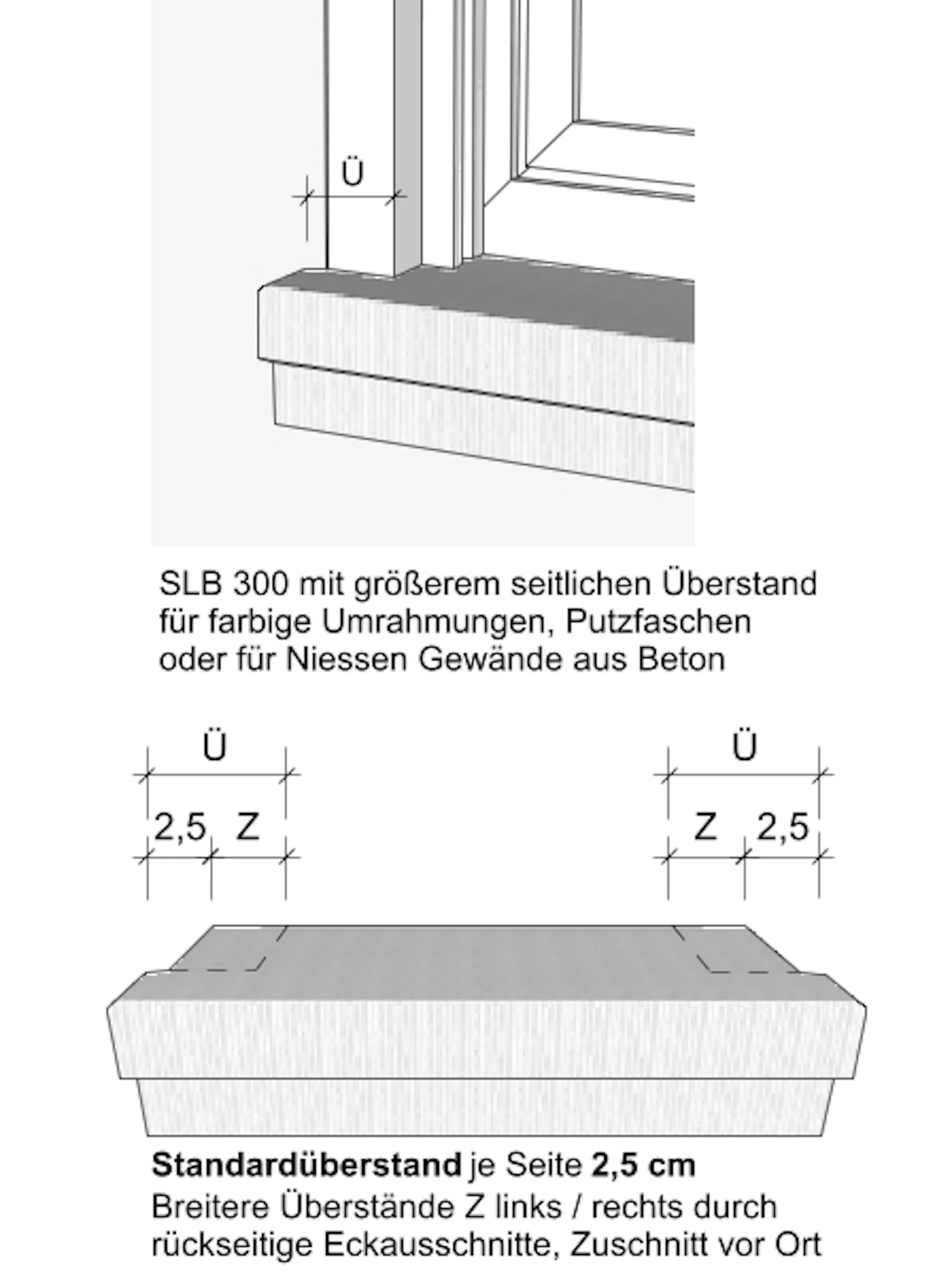 Zeichnung Scharrierte Betonfensterbank SLB 300 - Überstände links und rechts