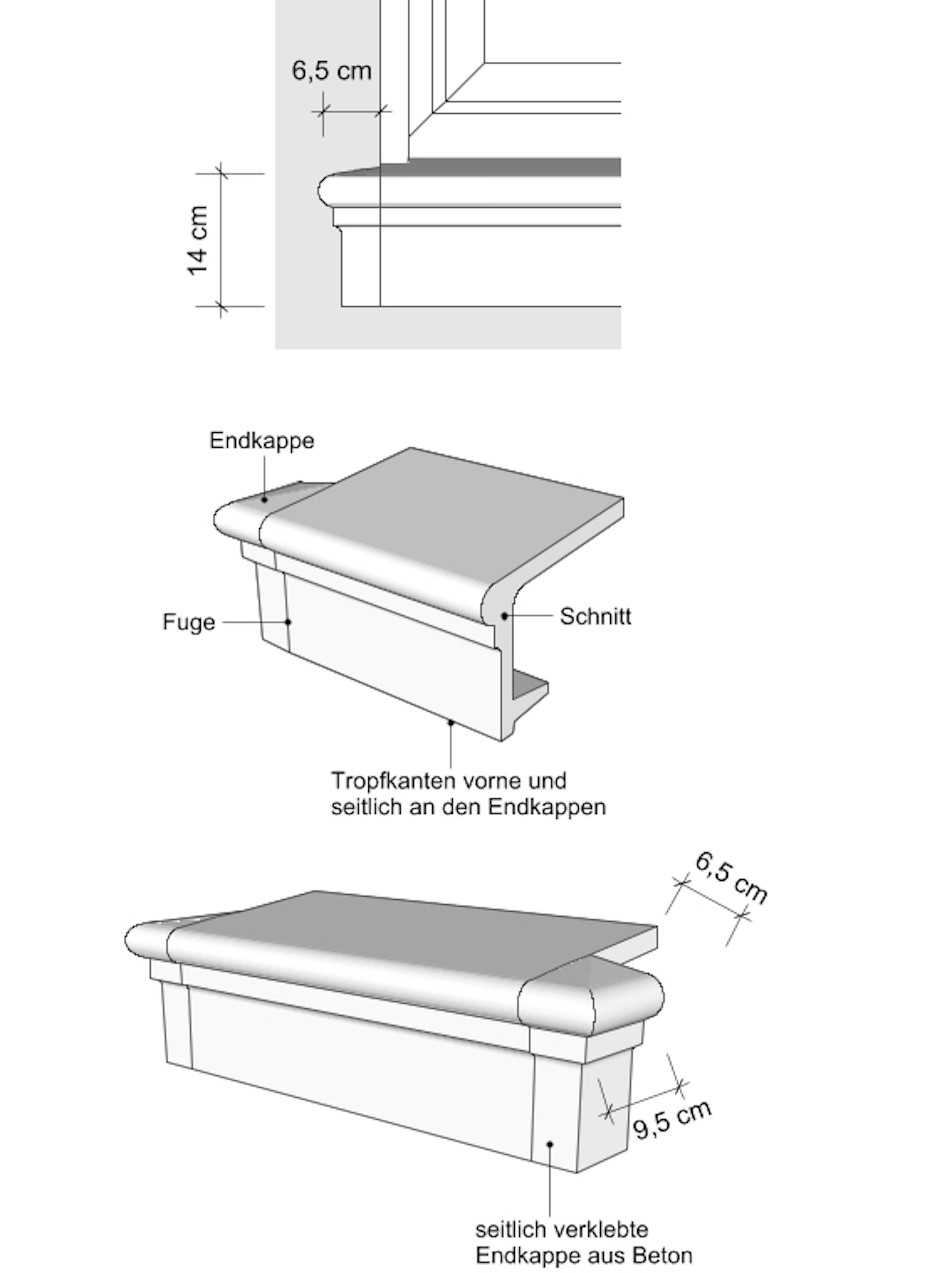 Betonfensterbank SLB 100 Zeichnung _ Ansichten + Schnitt