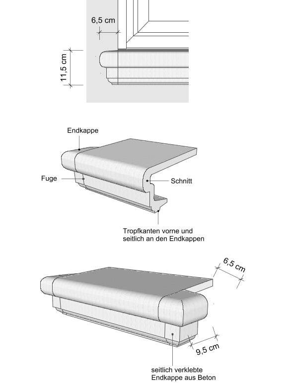 Zeichnung Außenfensterbank SLB 200 Niessen Beton _ vorne