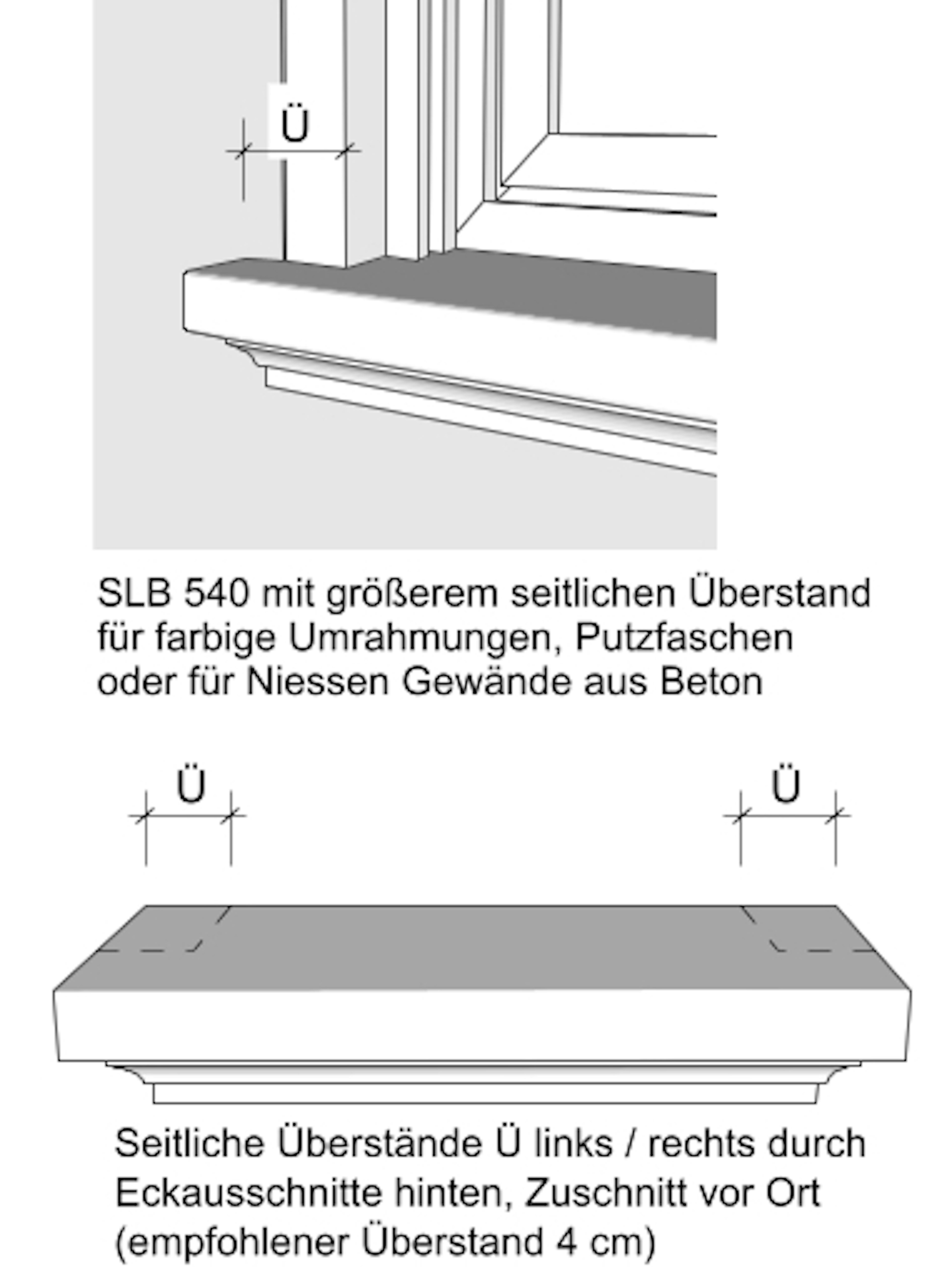 Zeichnung seitliche Überstände Außenfensterbank SLB 540 