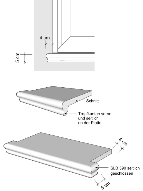 Zeichnung Betonfensterbank Niessen SLB 590 - Ansichten vorne