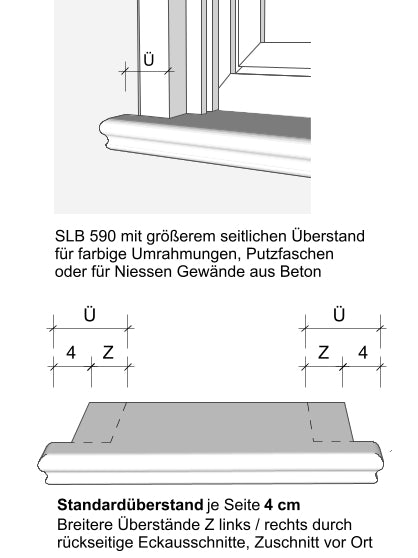 Zeichnung Betonfensterbank Niessen SLB 590 - Überstände seitlich