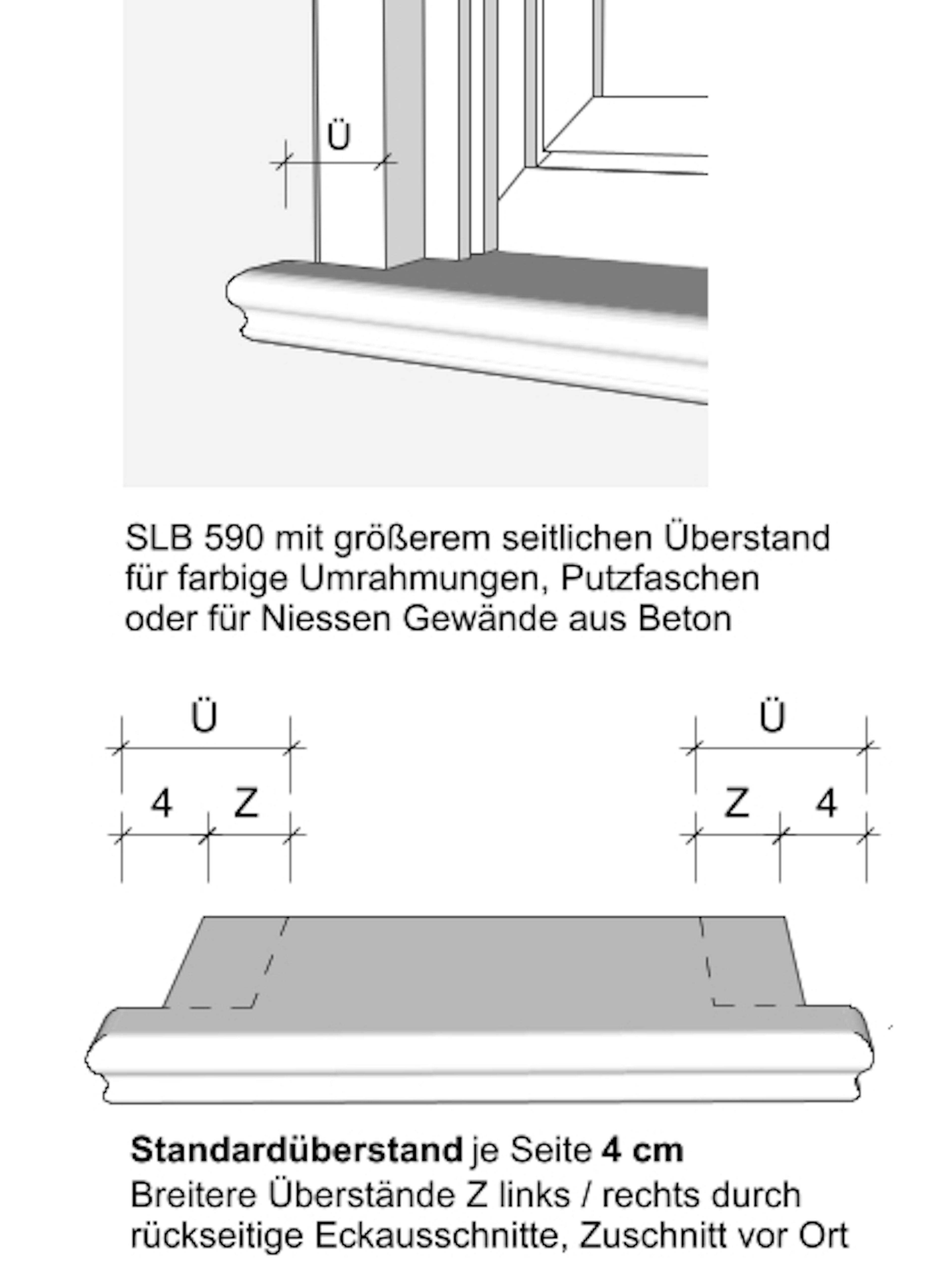 Zeichnung Betonfensterbank Niessen SLB 590 - Überstände seitlich