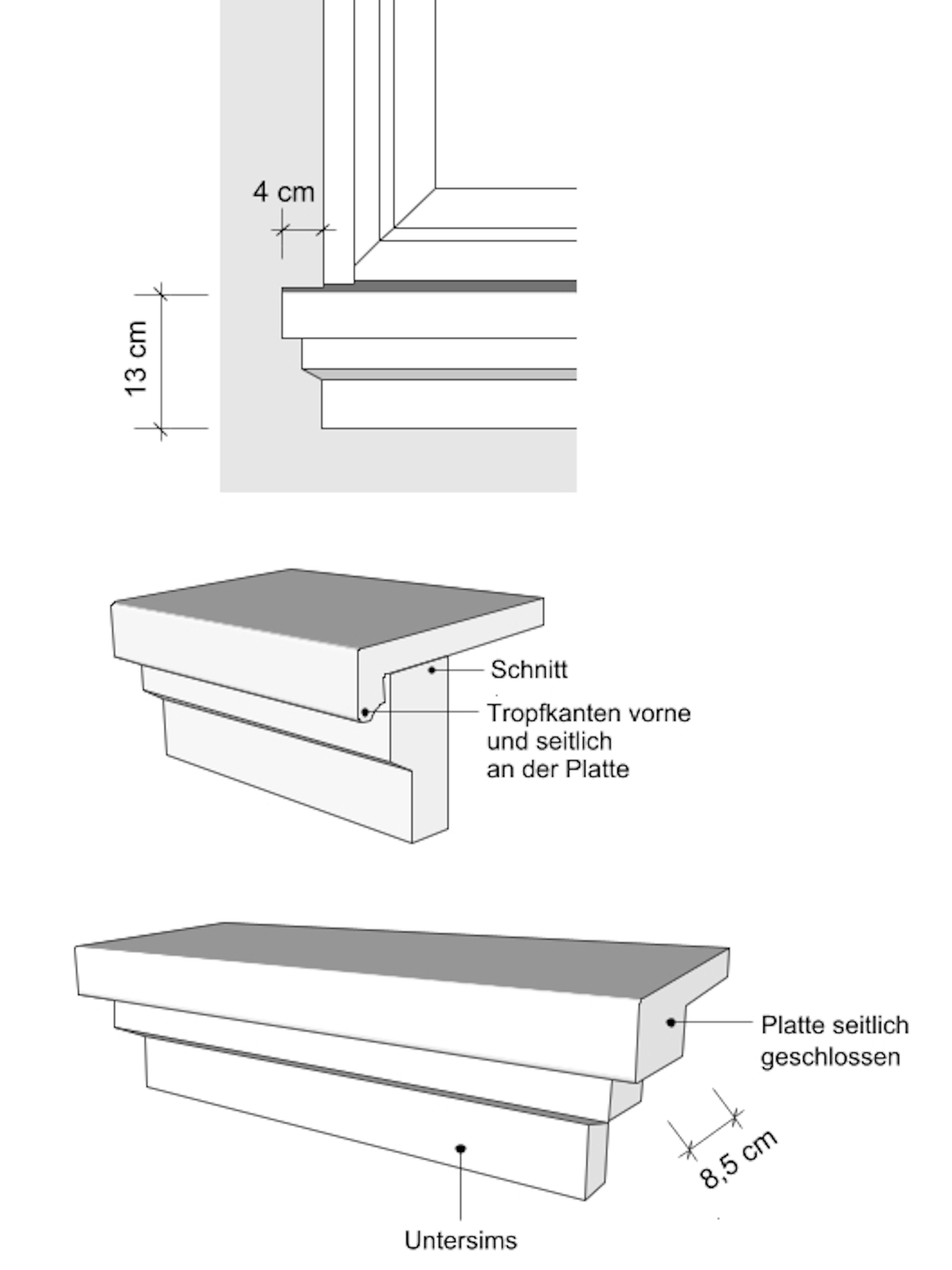 Zeichnung moderne Betonfensterbank SLB 520 - Ansichten