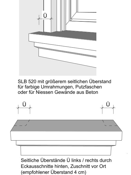 Zeichnung moderne Betonfensterbank SLB 520 - Überstände