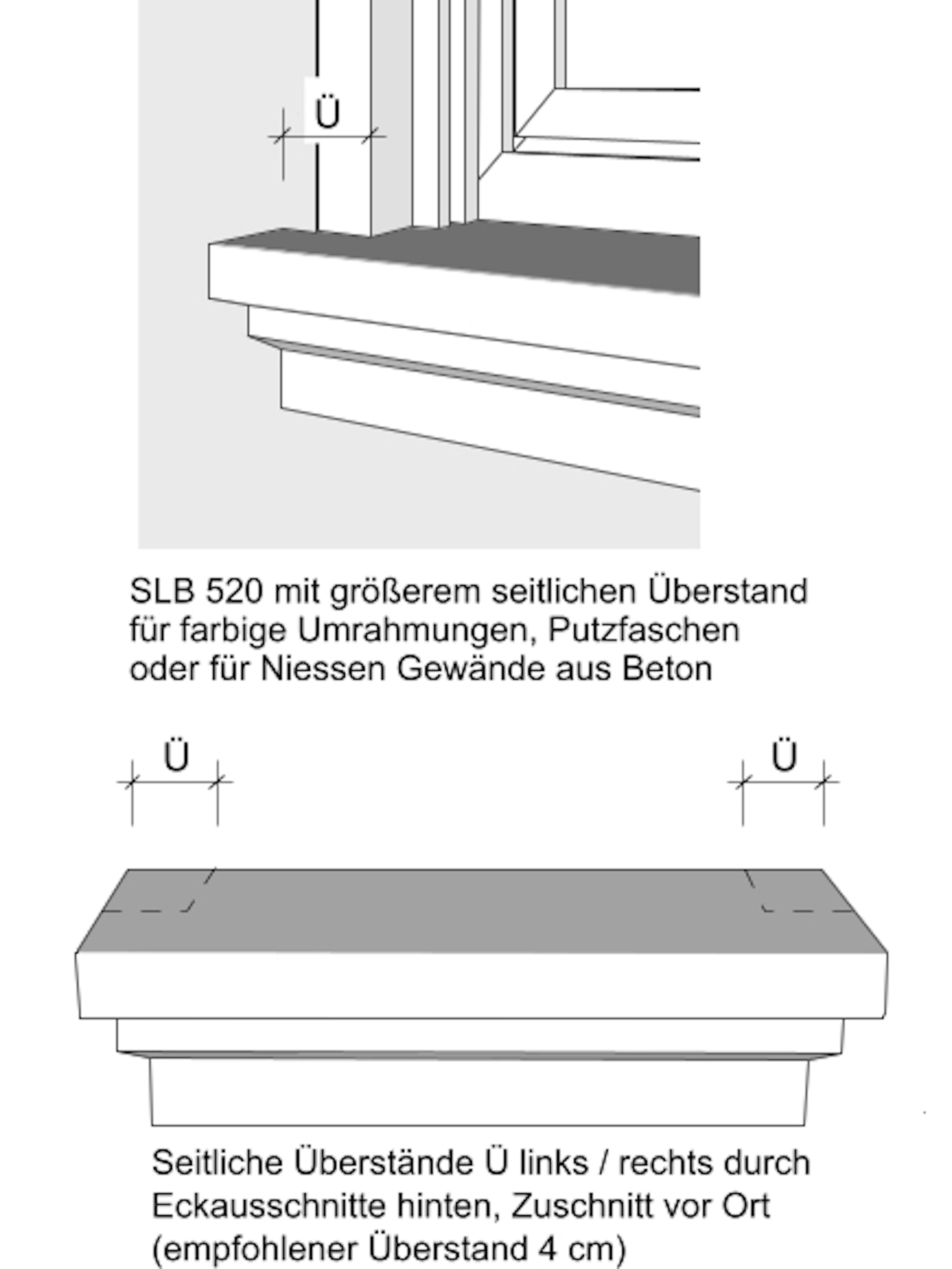 Zeichnung moderne Betonfensterbank SLB 520 - Überstände