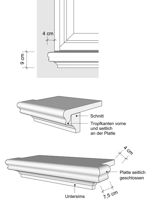 Zeichnungen Vorderansichten geschwungene Außenfensterbänke SLB 541