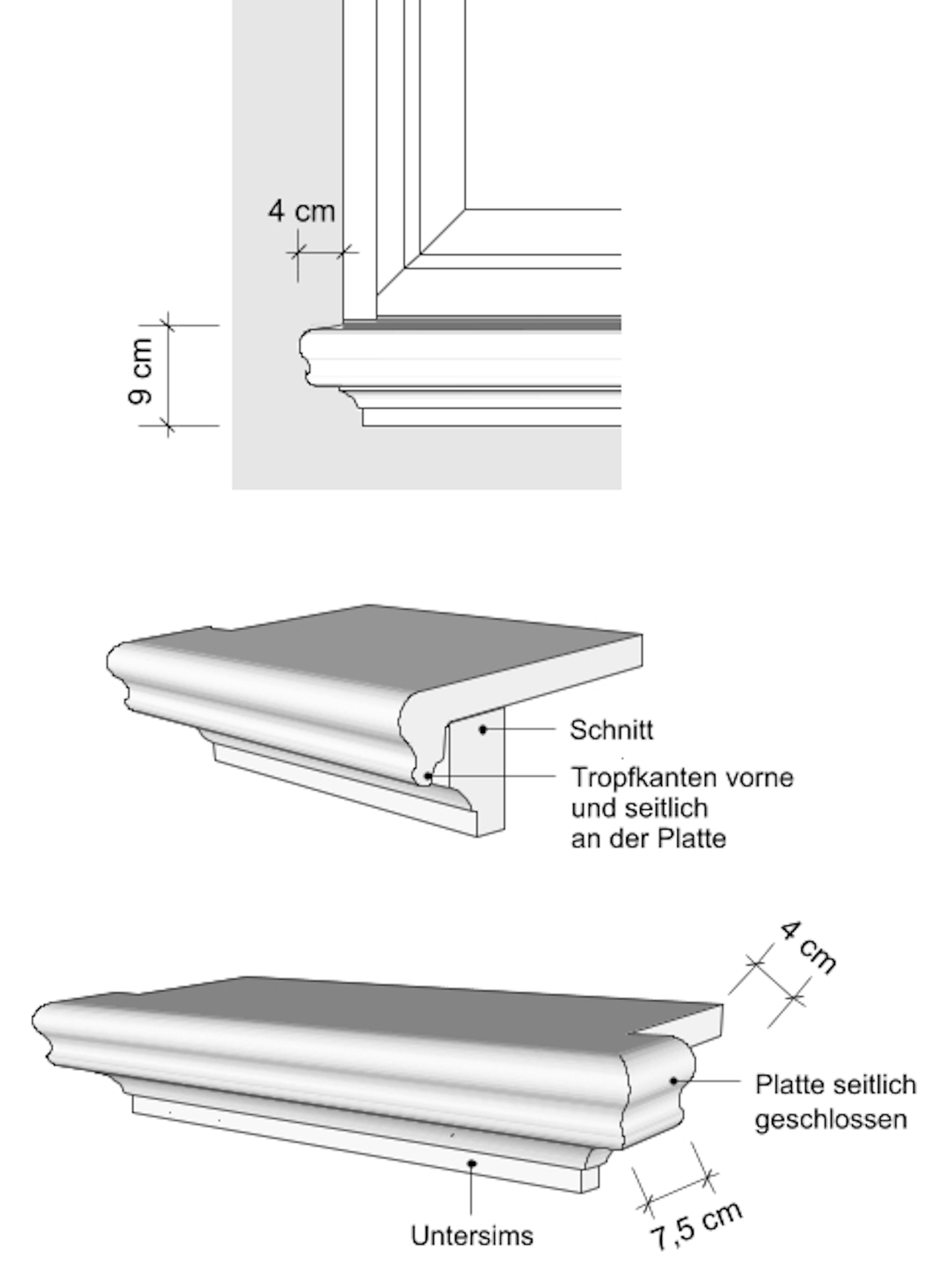 Zeichnungen Vorderansichten geschwungene Außenfensterbänke SLB 541