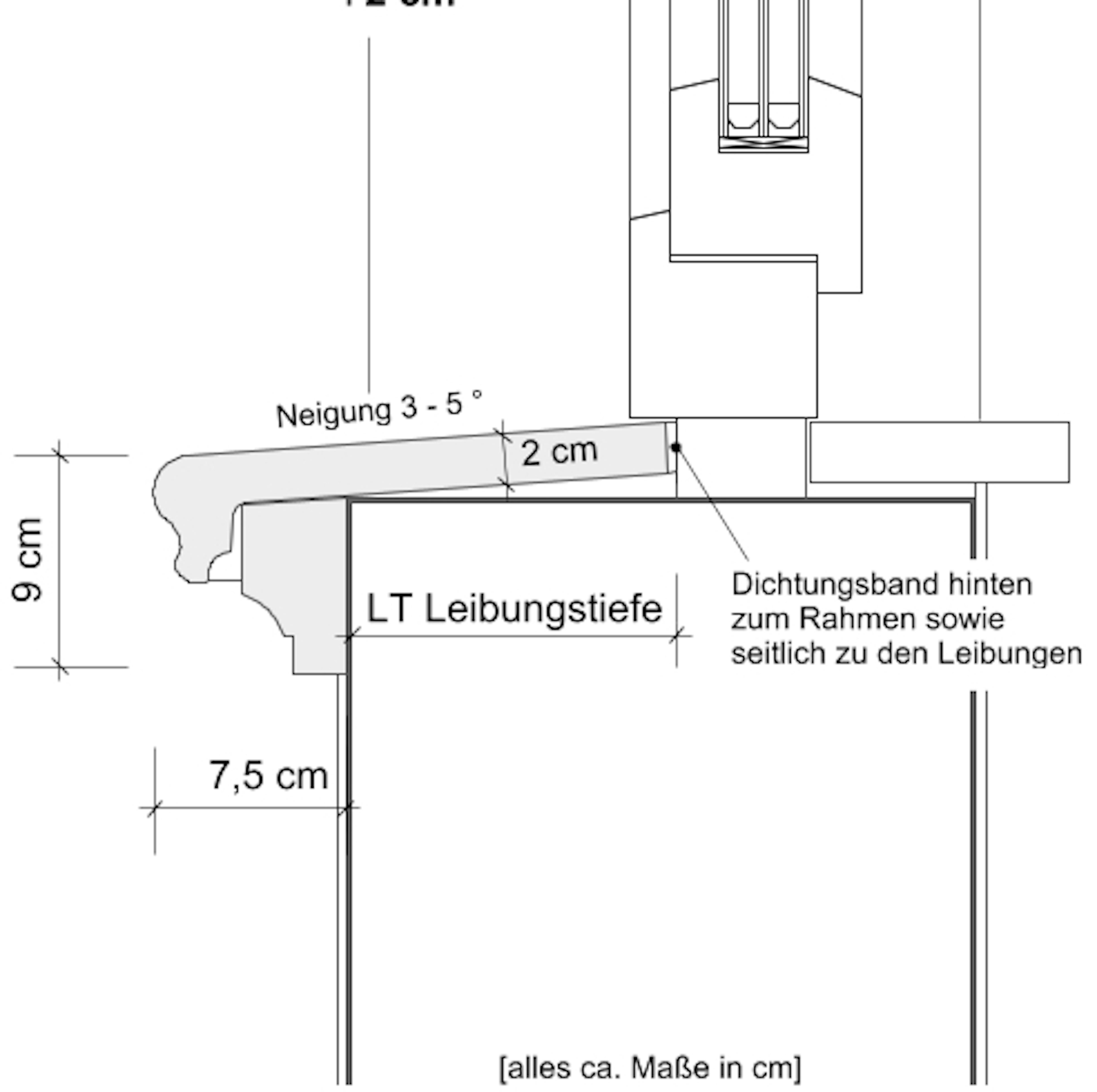 Zeichnung Schnitt geschwungene Außenfensterbank SLB 541 aus Beton 