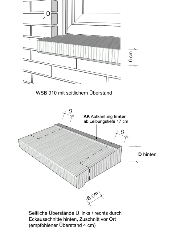 Zeichnungen seitliche Überstände Außenfensterbank WSB 910