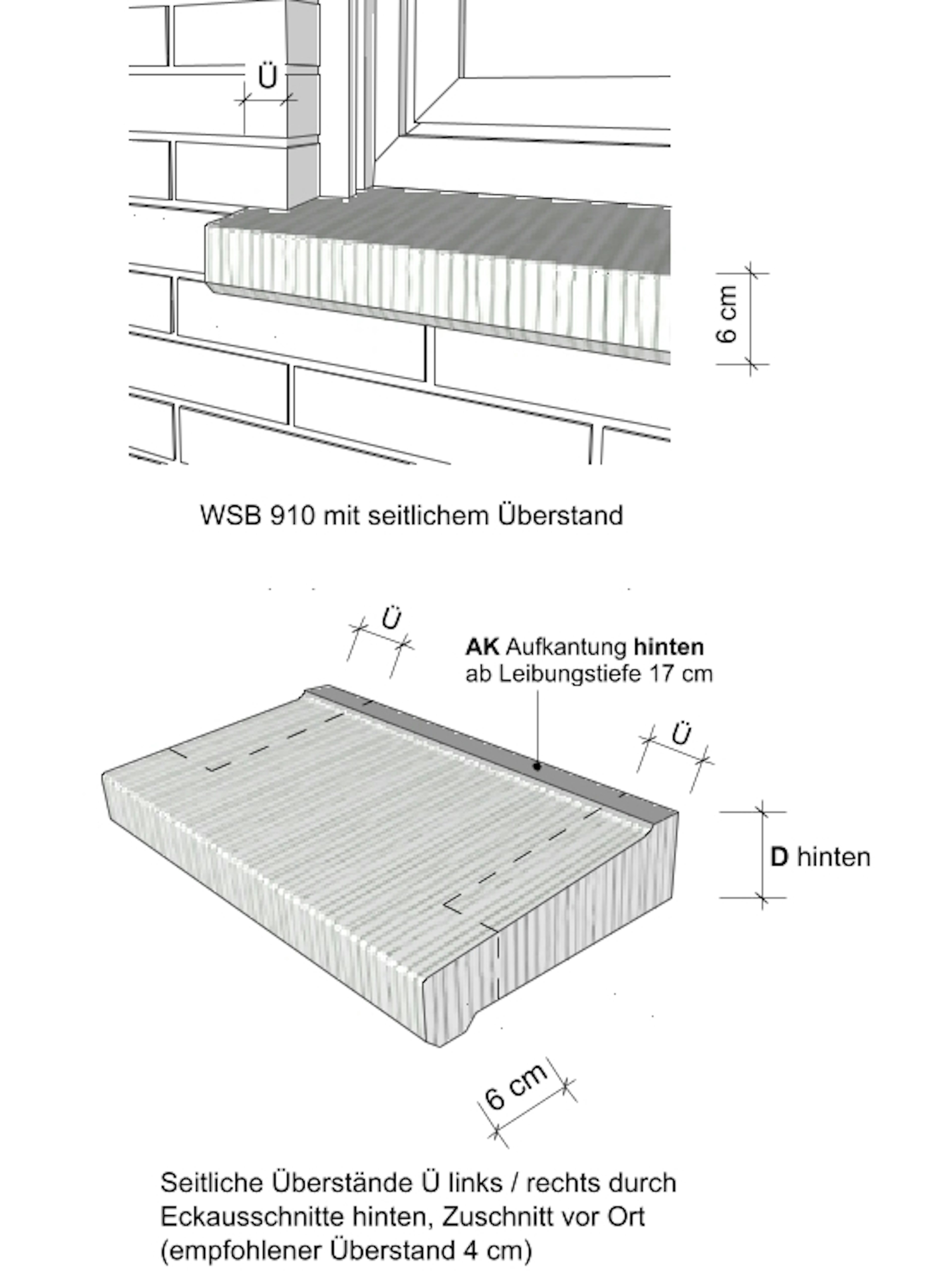Zeichnungen seitliche Überstände Außenfensterbank WSB 910