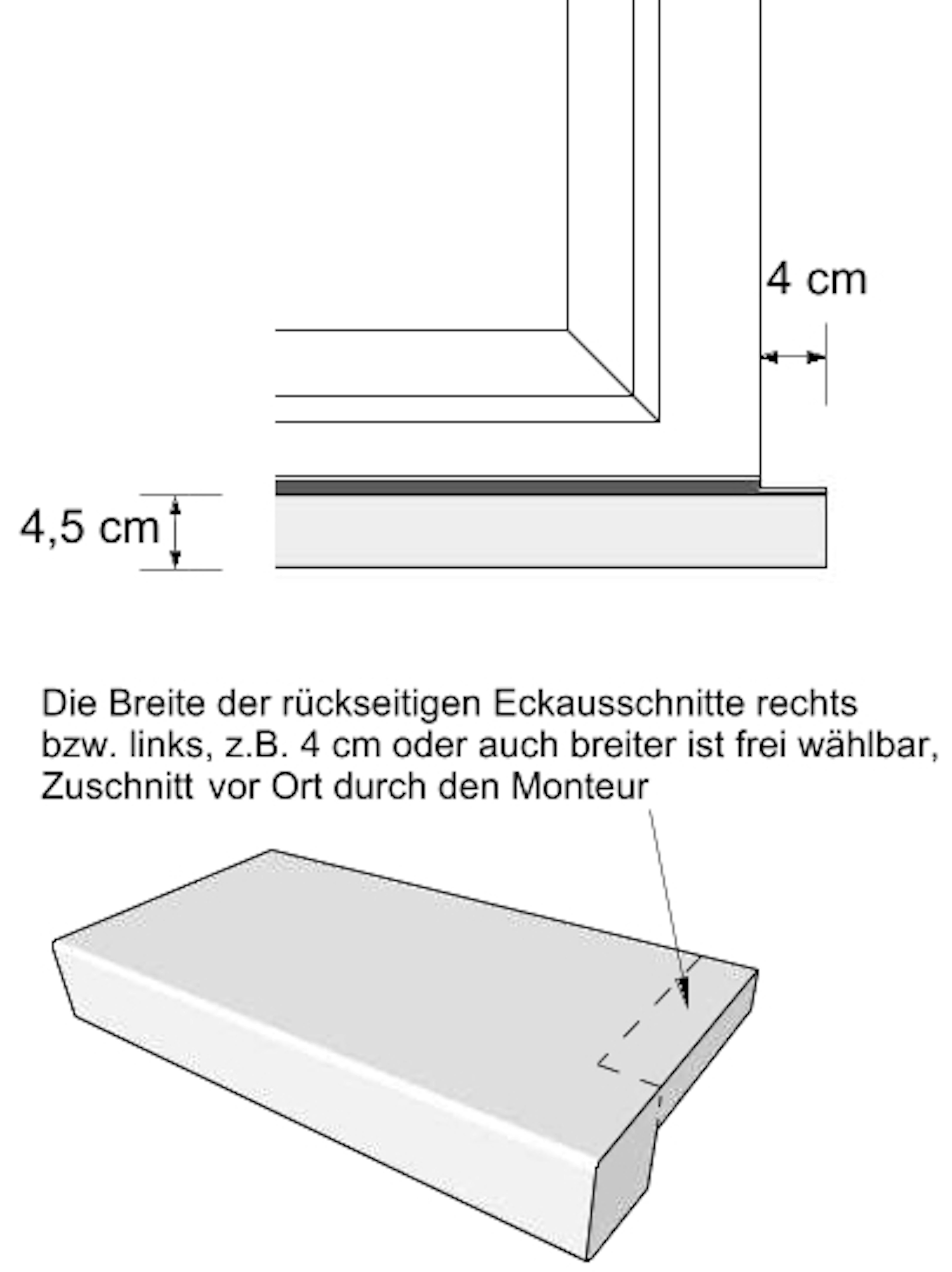 Zeichnung seitliche Überstände Niessen Innenfensterbank SLB 591 innen 