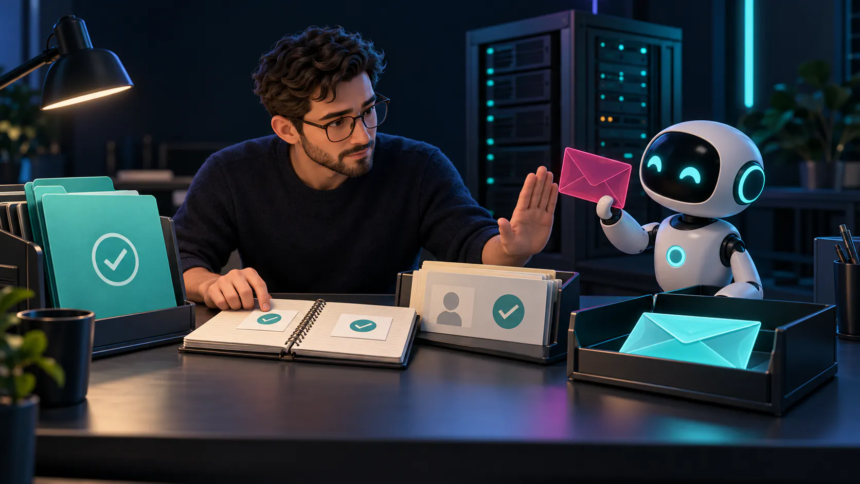 An engineer checks saved records and pauses an AI assistant holding a duplicate envelope beside an already completed notification.