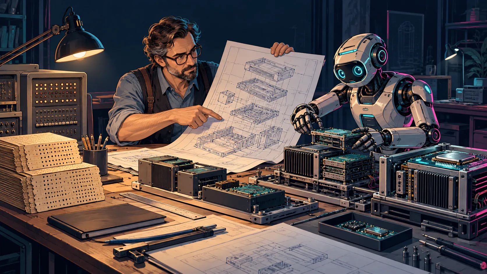 Un ingeniero dirige a un asistente de IA que monta componentes informáticos modulares a partir de un plano, junto a tarjetas perforadas históricas.