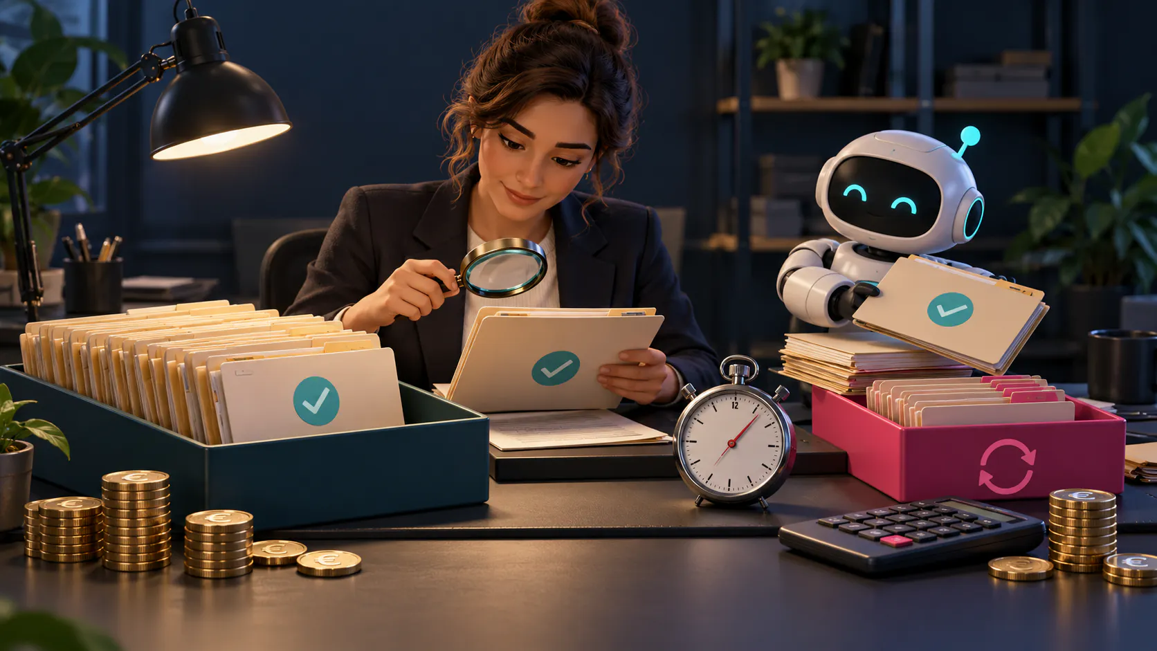 A business reviewer and AI assistant inspect completed request folders beside accepted and rework trays, a stopwatch, calculator and coins.
