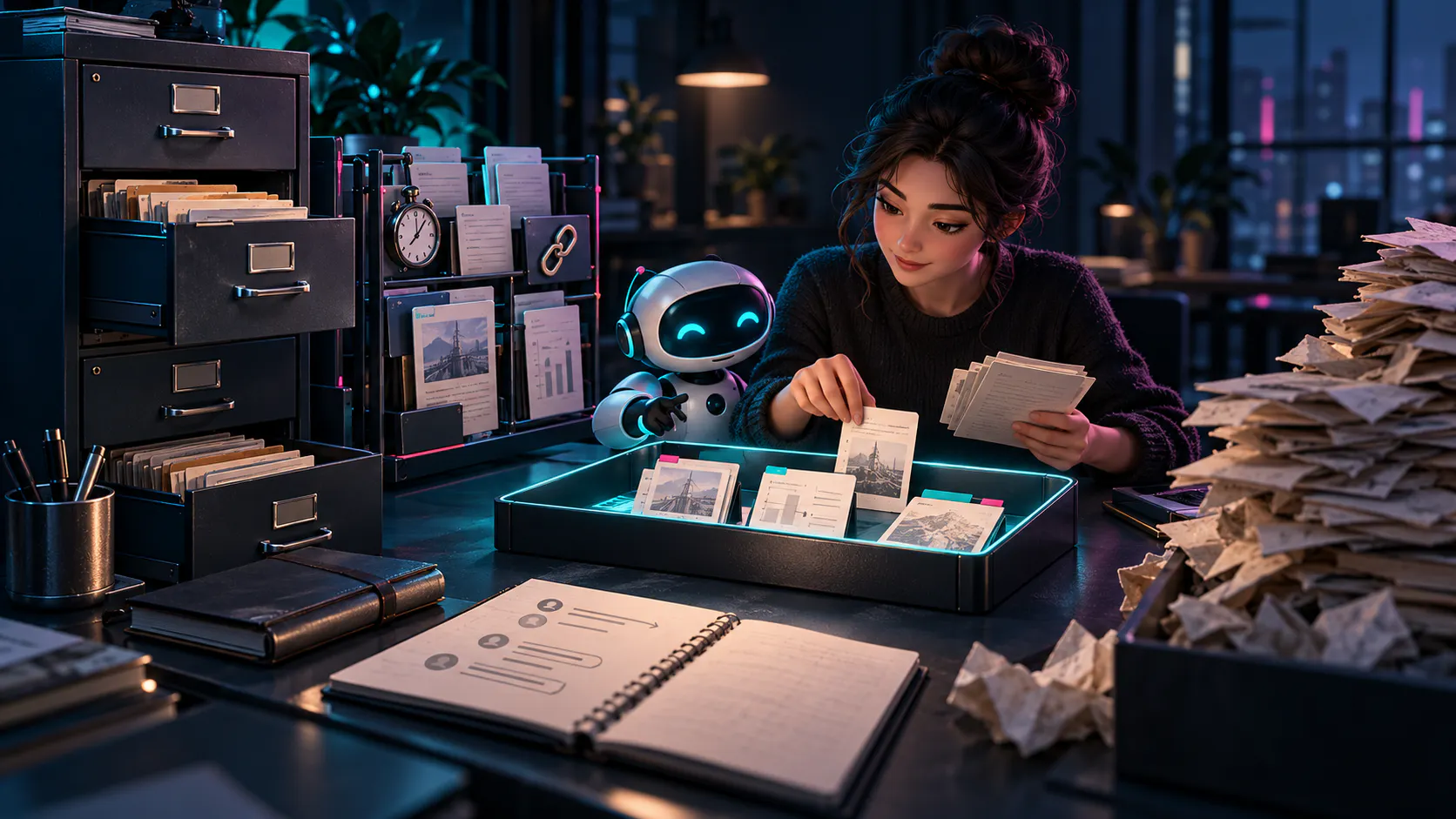 An engineer and AI assistant select case cards into a limited working tray beside durable records, an evidence rack and a summary notebook.