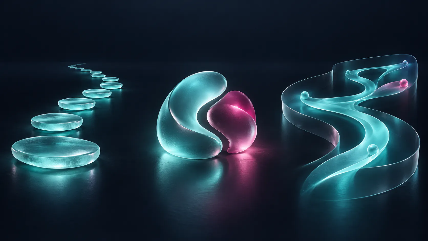 Tres composiciones abstractas de cristal representan un recorrido fijo, una coordinación asistida y una autonomía con ramificaciones limitadas en tonos aguamarina y fucsia.