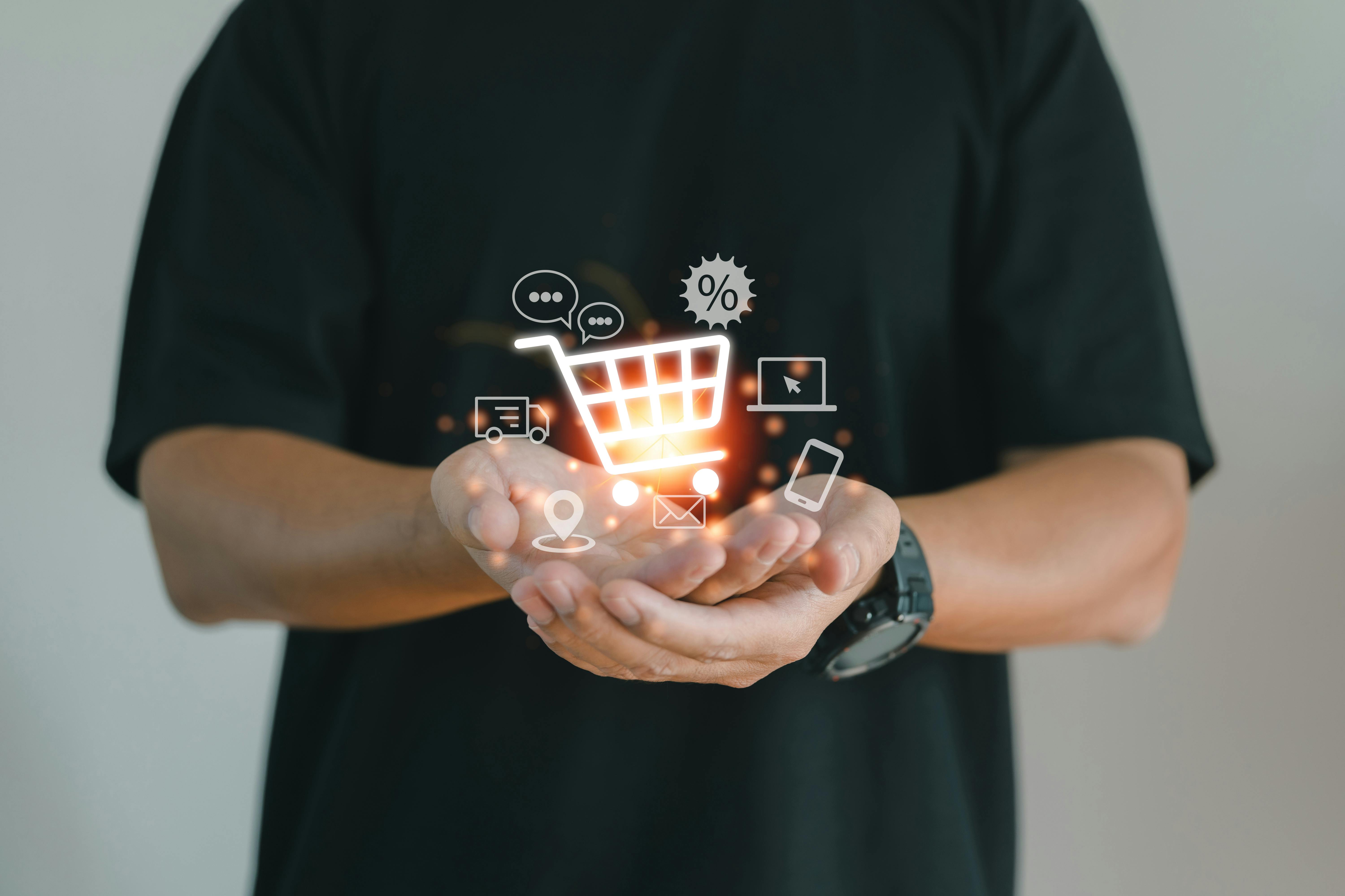 Man in black t-shirt holding shopping cart and other icons